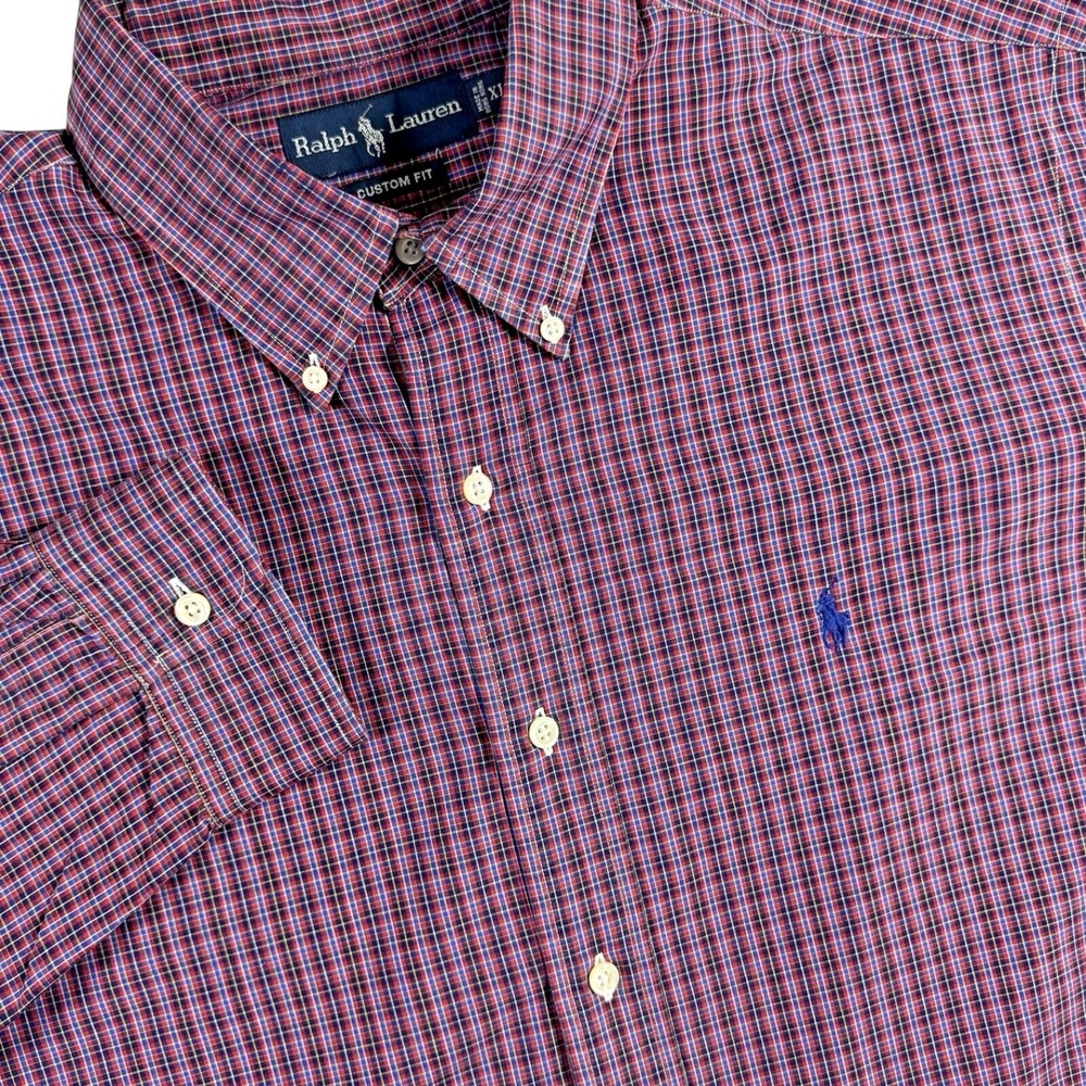 Ralph Lauren Custom Fit Button Down Shirt Mens XL Navy Red Plaid Long Sleeve